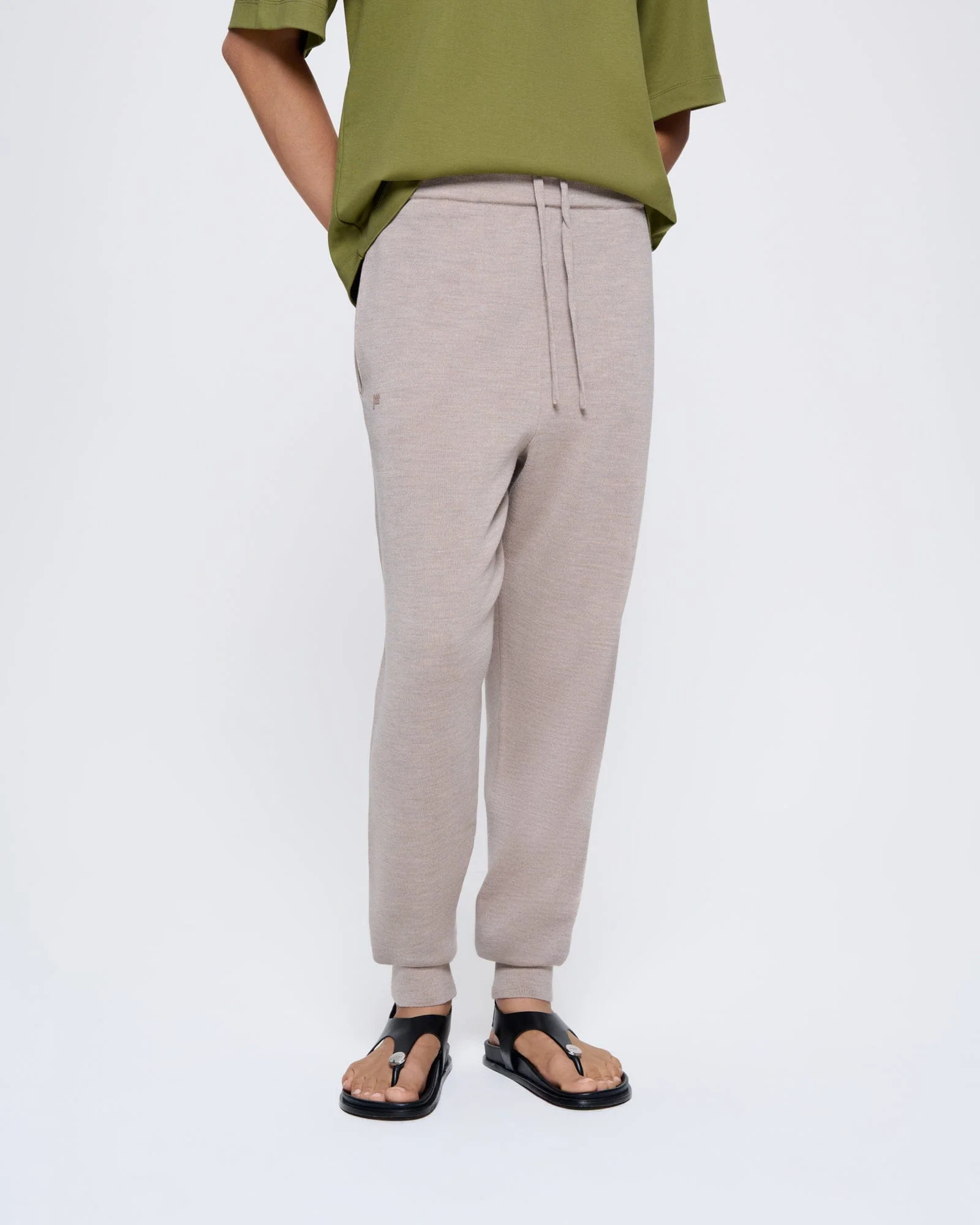 Womens Regenerative Merino Wool Track Pants—stone marl - Image 3
